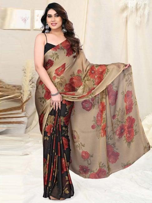 mirchi fashion beige & red floral print saree with unstitched blouse