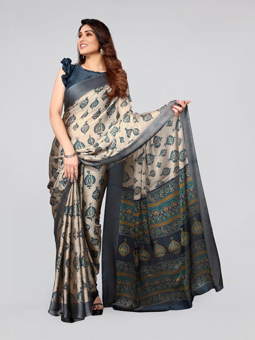 mirchi fashion beige and blue ethnic motifs block print saree