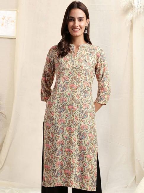 mirchi fashion beige floral print straight kurta