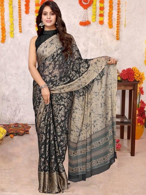 mirchi fashion black & beige floral print saree with unstitched blouse