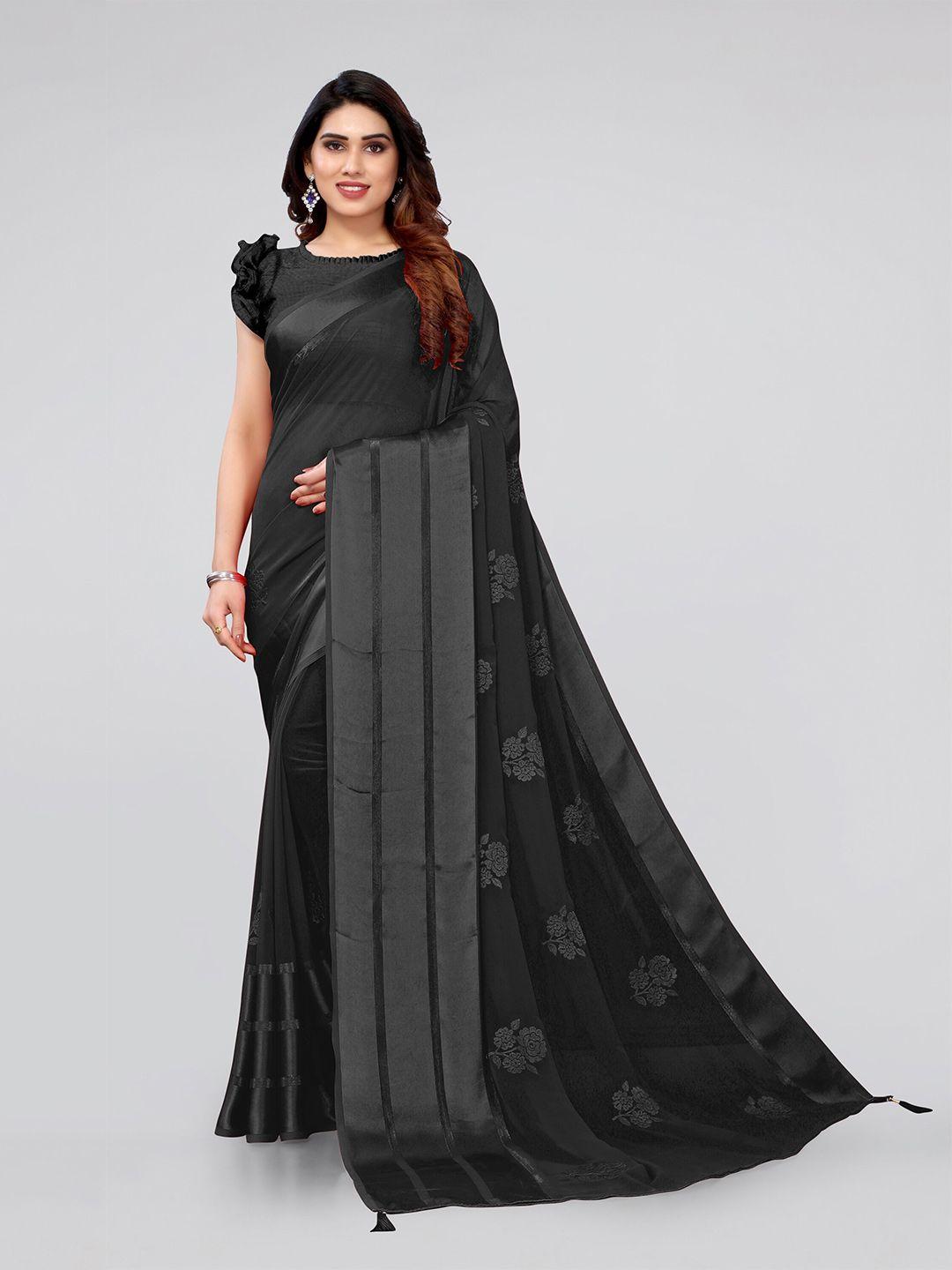 mirchi fashion black & grey floral embroidered saree