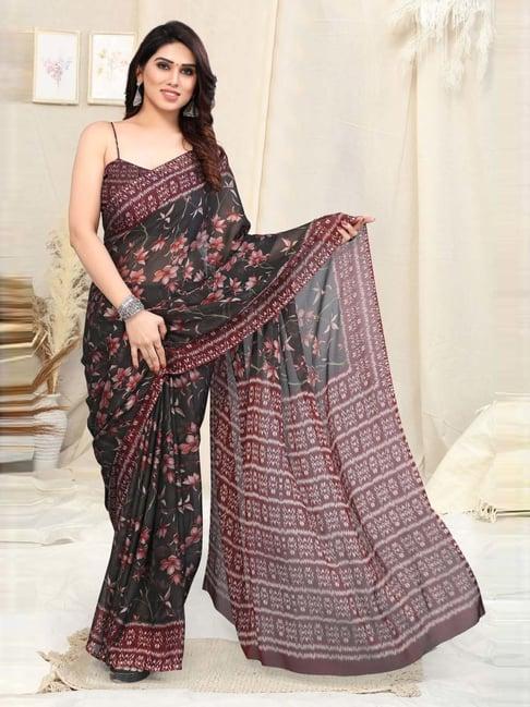 mirchi fashion black & maroon floral print saree with unstitched blouse