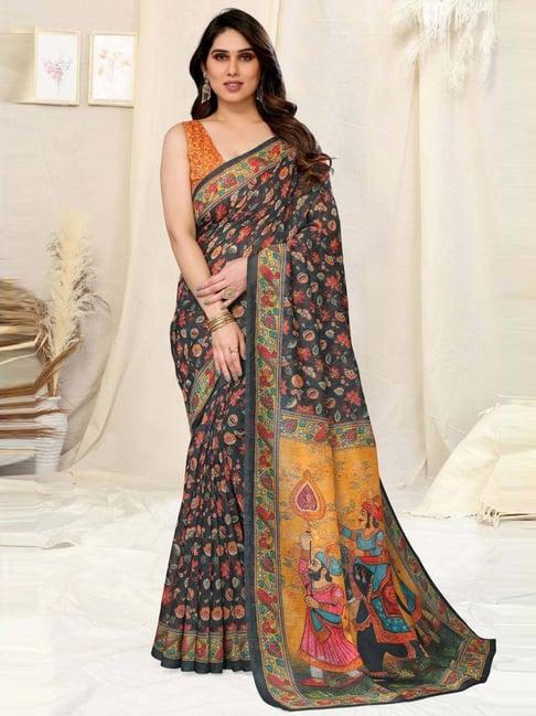 mirchi fashion black & orange cotton floral print saree with unstitched blouse