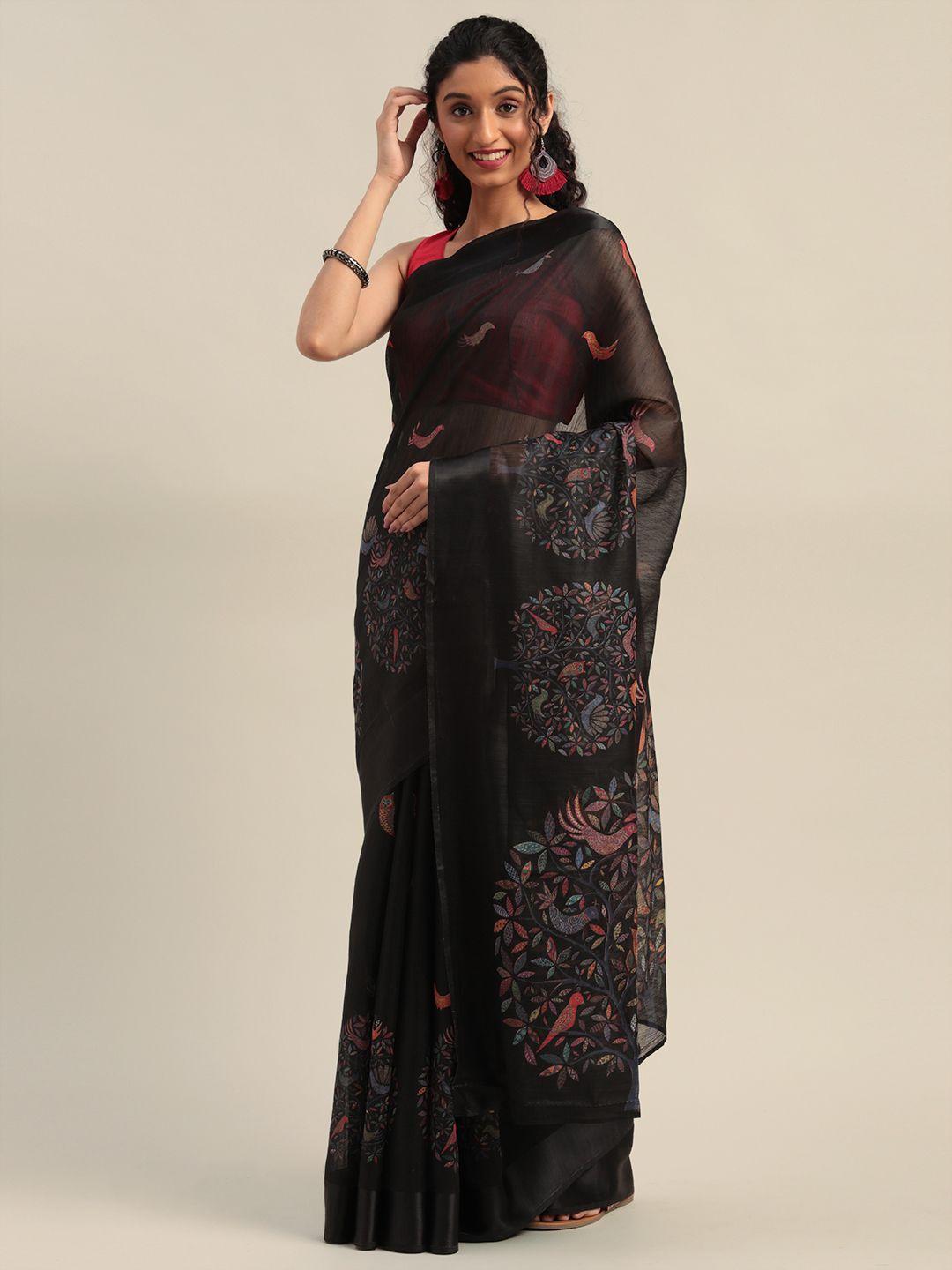 mirchi fashion black & orange polycotton printed saree