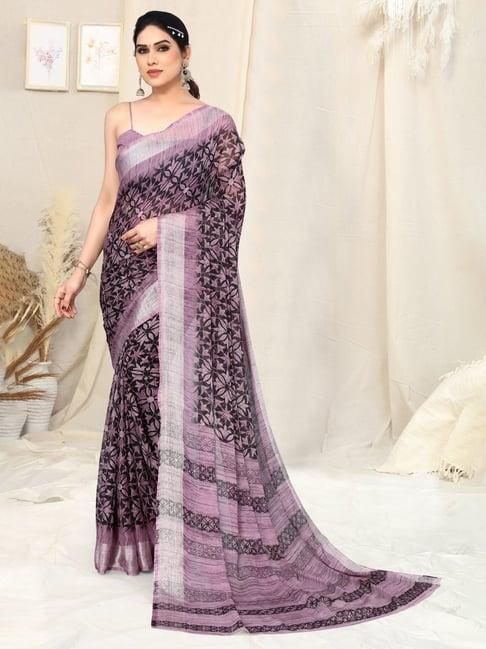 mirchi fashion black & purple floral print saree with unstitched blouse piece