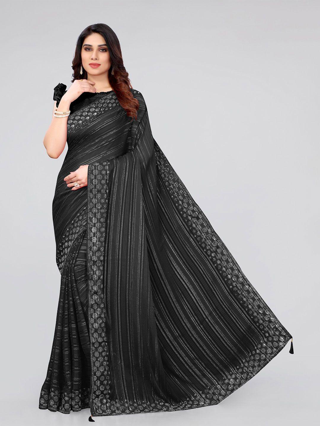 mirchi fashion black & silver-toned striped georgette saree