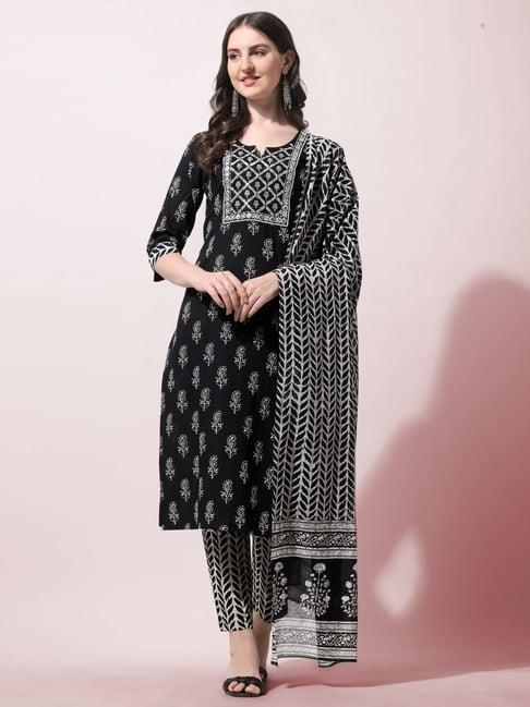 mirchi fashion black cotton embroidered kurta pant set with dupatta