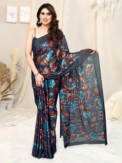 mirchi fashion black floral print saree with unstitched blouse piece