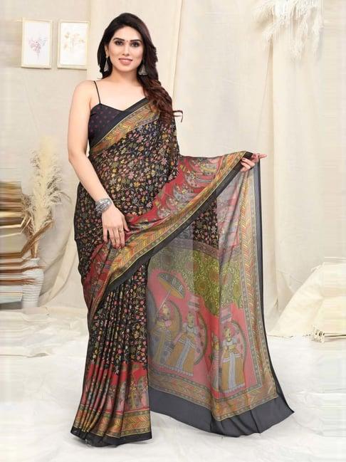 mirchi fashion black floral print saree with unstitched blouse