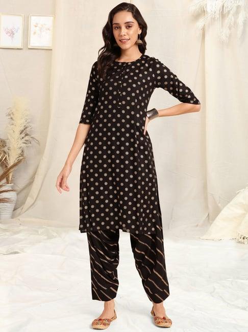 mirchi fashion black printed kurta salwar set