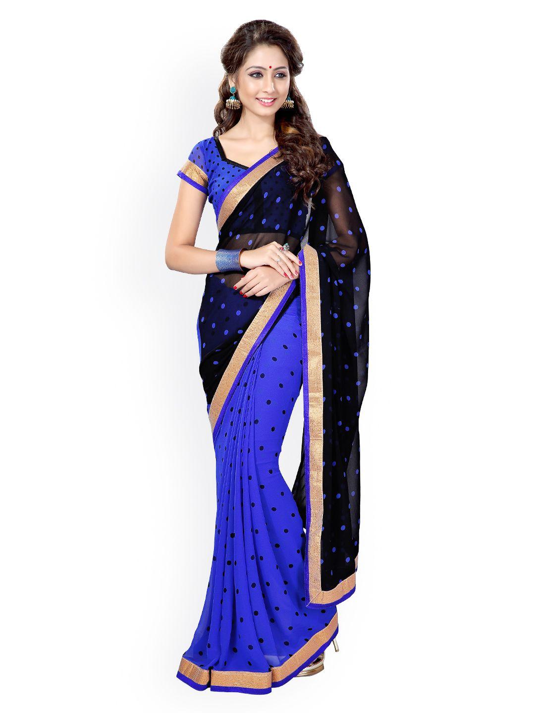 mirchi fashion blue & black printed poly georgette saree