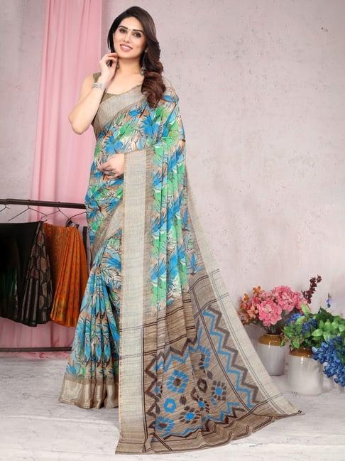 mirchi fashion blue & brown floral print saree with unstitched blouse