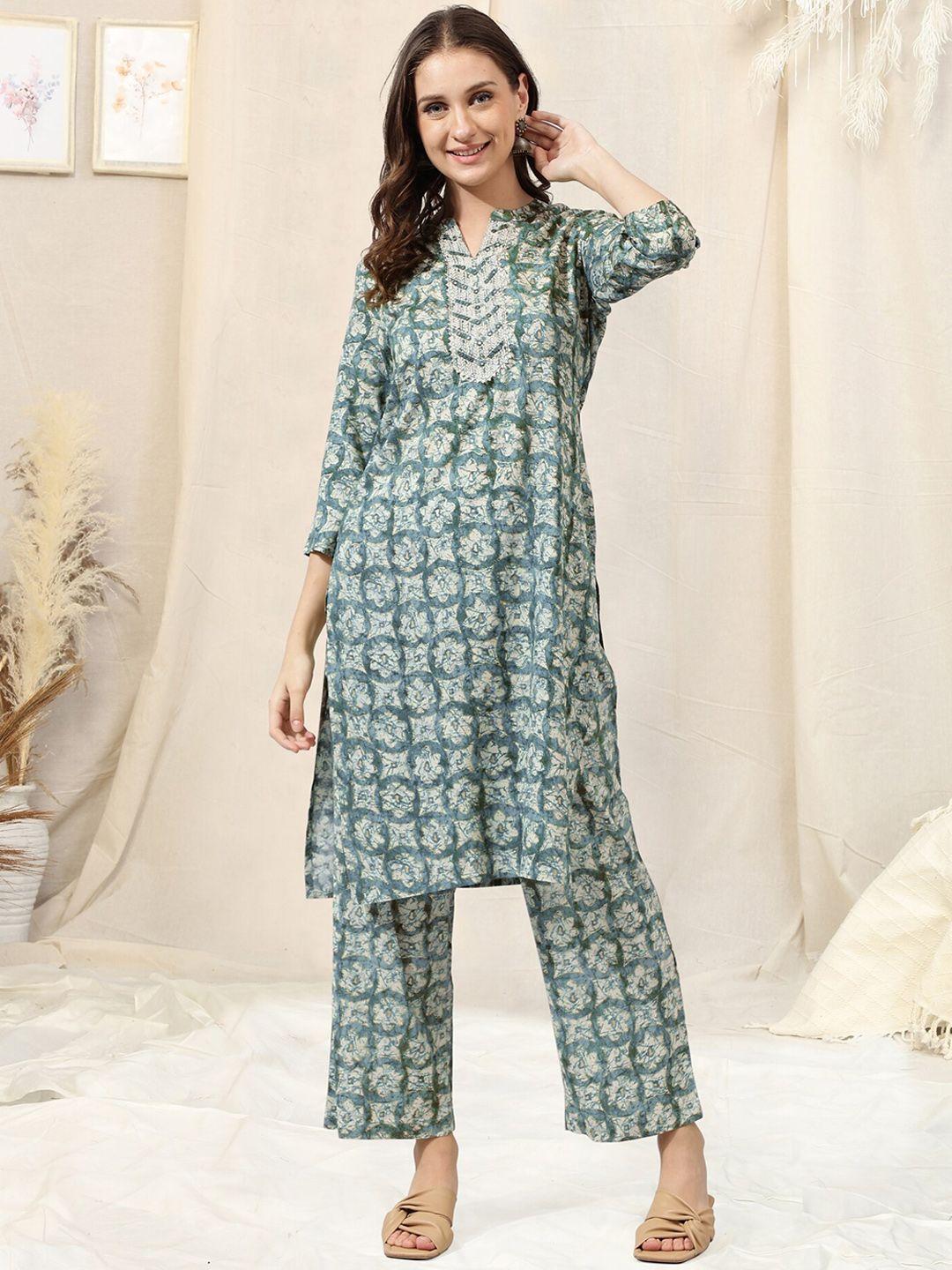 mirchi fashion blue & cream coloured printed mirror work kurta with palazzos