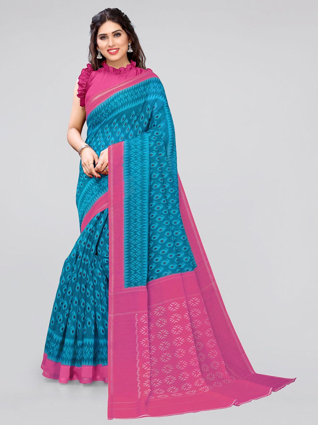 mirchi fashion blue & magenta paisley zari ikat saree