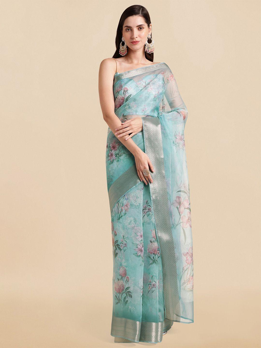 mirchi fashion blue & pink floral printed zari organza saree