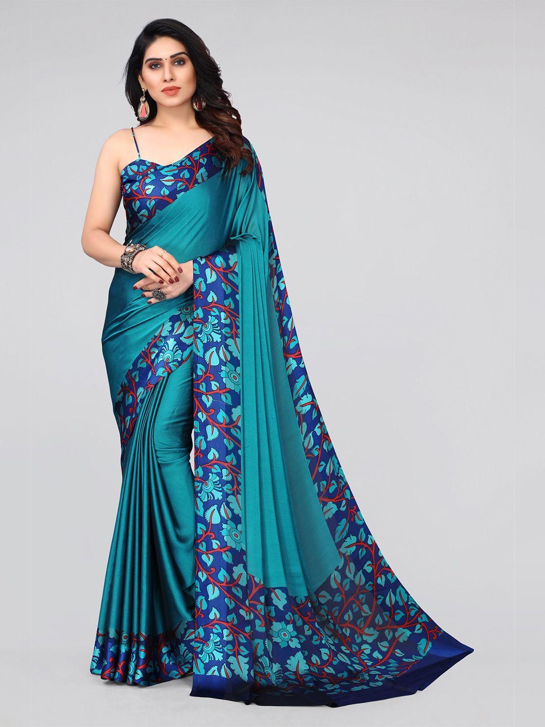 mirchi fashion blue & red floral printed saree