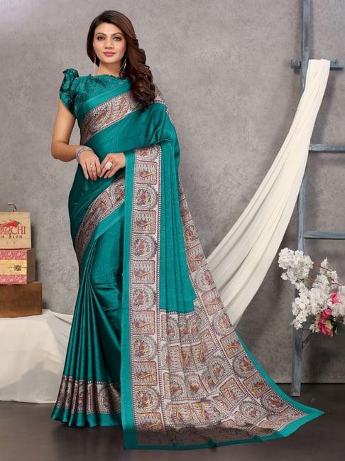 mirchi fashion blue & white printed saree with unstitched blouse