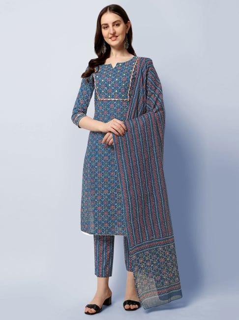 mirchi fashion blue cotton embellished kurta pant set with dupatta