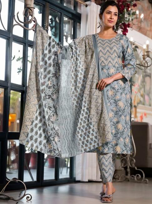 mirchi fashion blue cotton printed kurta pant set with dupatta