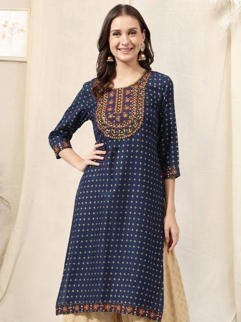 mirchi fashion blue embroidered straight kurta