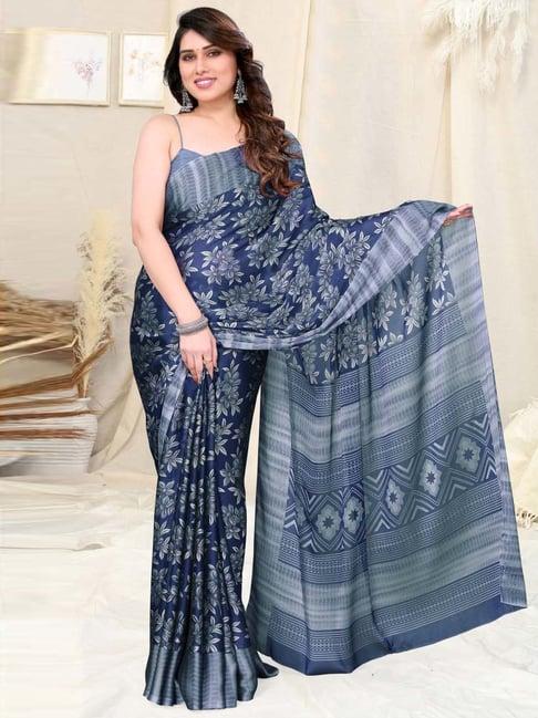 mirchi fashion blue floral print saree with unstitched blouse