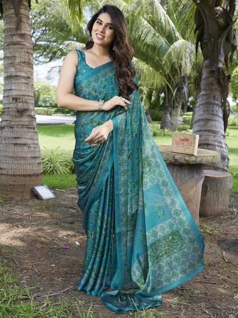 mirchi fashion blue floral print saree with unstitched blouse