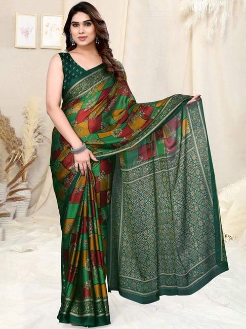 mirchi fashion bottle green printed saree with unstitched blouse