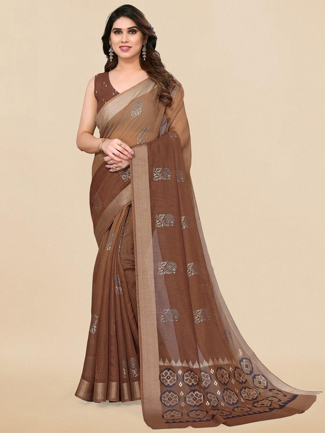 mirchi fashion brown & gold-toned ethnic motifs printed zari block print saree