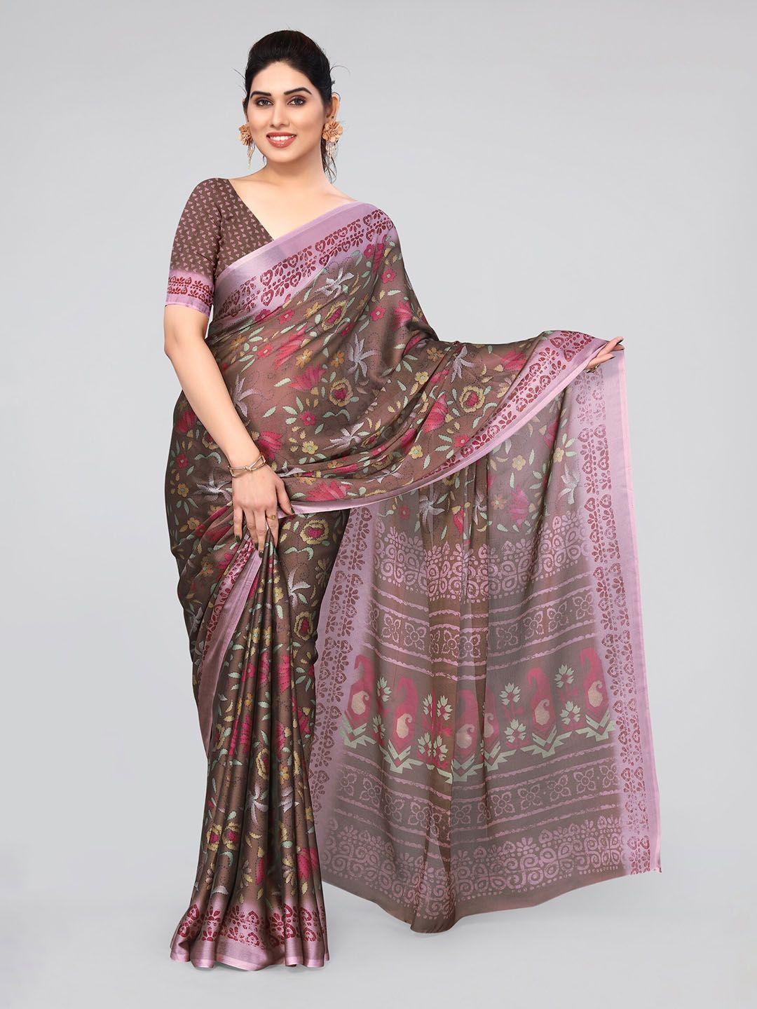 mirchi fashion brown & lavender floral printed saree