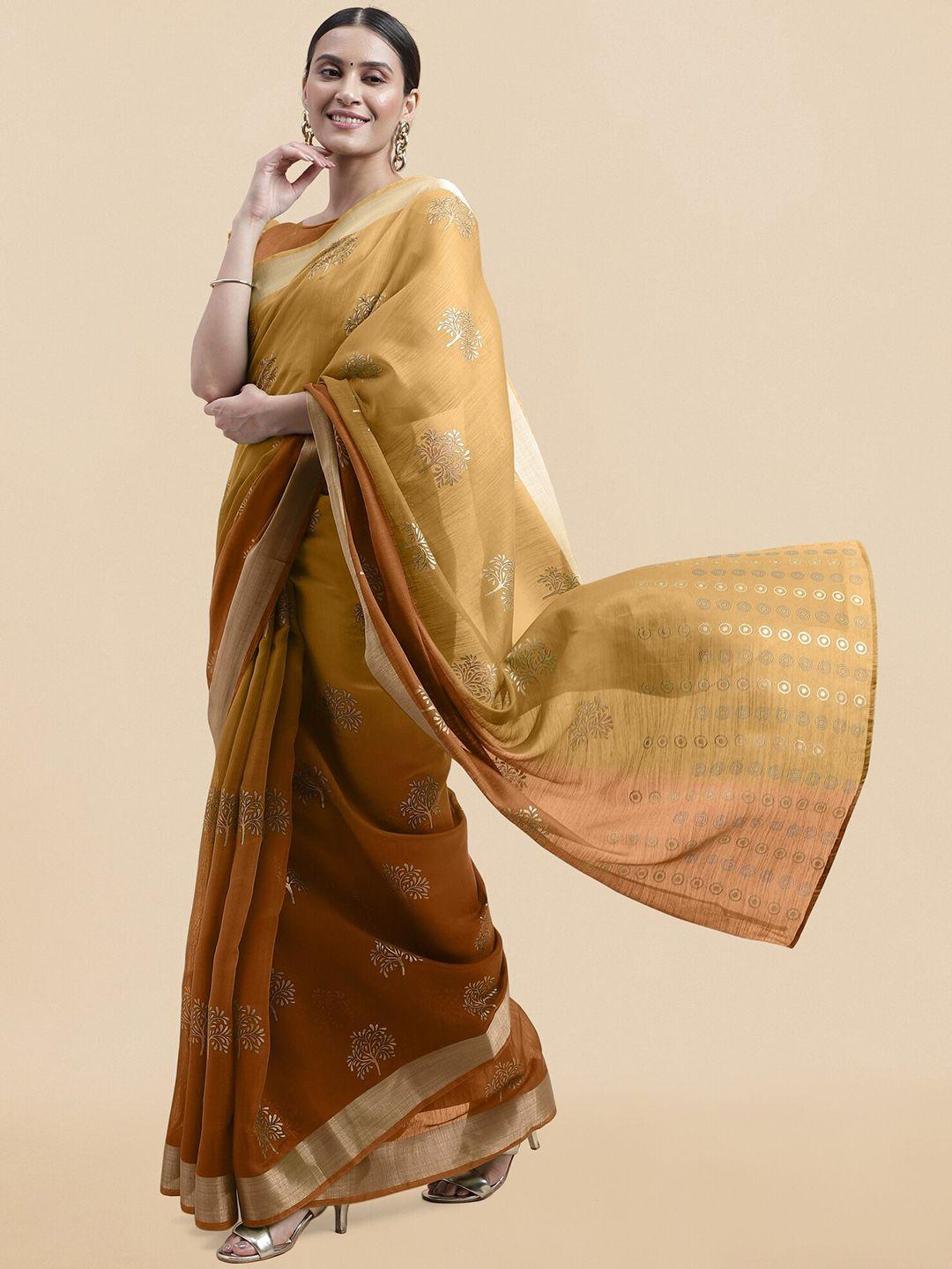 mirchi fashion brown & mustard ethnic motifs printed zari block print saree