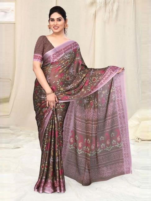 mirchi fashion brown & purple floral print saree with unstitched blouse