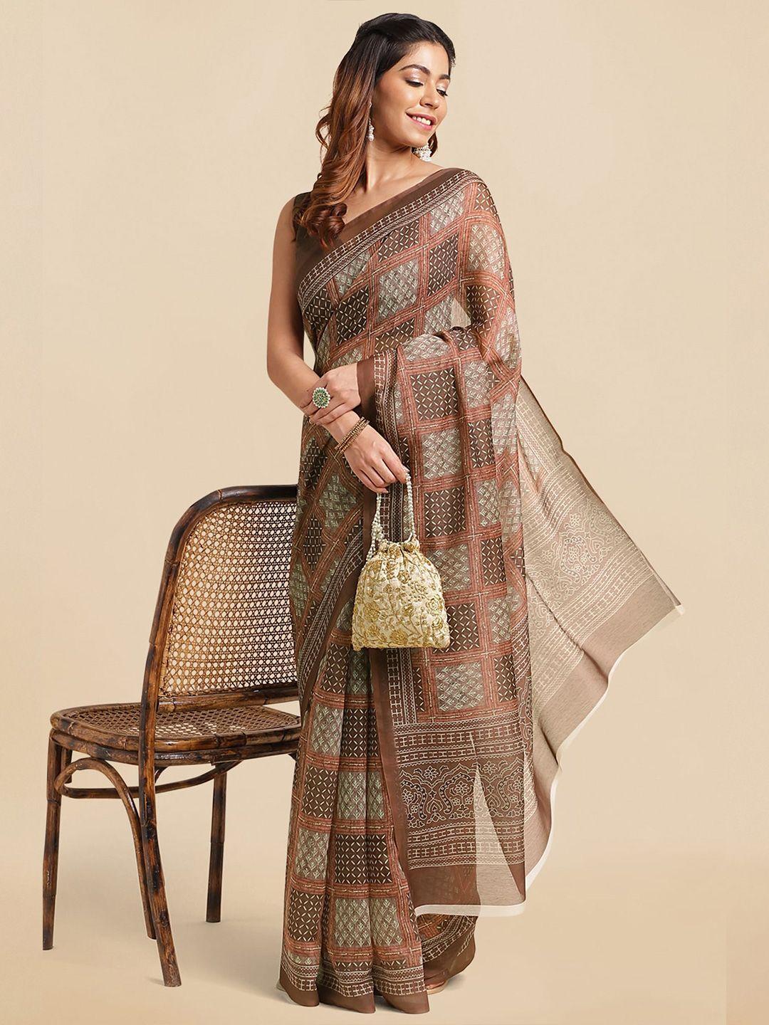 mirchi fashion brown & white ethnic motifs printed block print saree