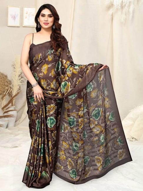 mirchi fashion brown floral print saree with unstitched blouse piece