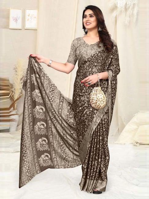 mirchi fashion brown floral print saree with unstitched blouse