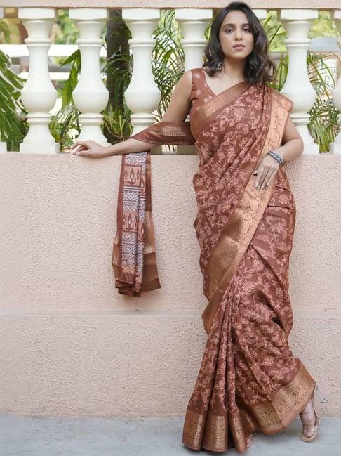 mirchi fashion brown floral print saree with unstitched blouse