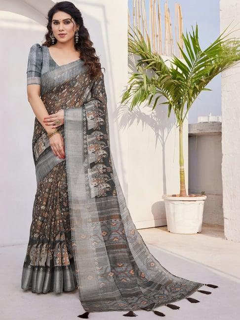 mirchi fashion coffee brown floral print saree with unstitched blouse