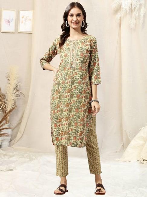 mirchi fashion cotton beige & green floral print kurta pant set