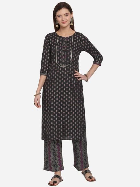 mirchi fashion cotton black printed kurta palazzo set