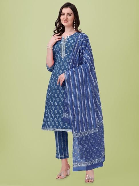 mirchi fashion cotton blue printed kurta pant set with dupatta