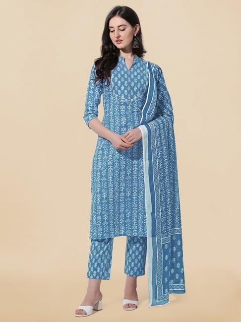 mirchi fashion cotton blue printed kurta pant set with dupatta