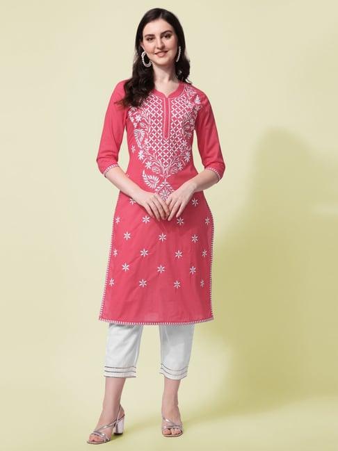 mirchi fashion cotton coral & white embroidered kurta pant set