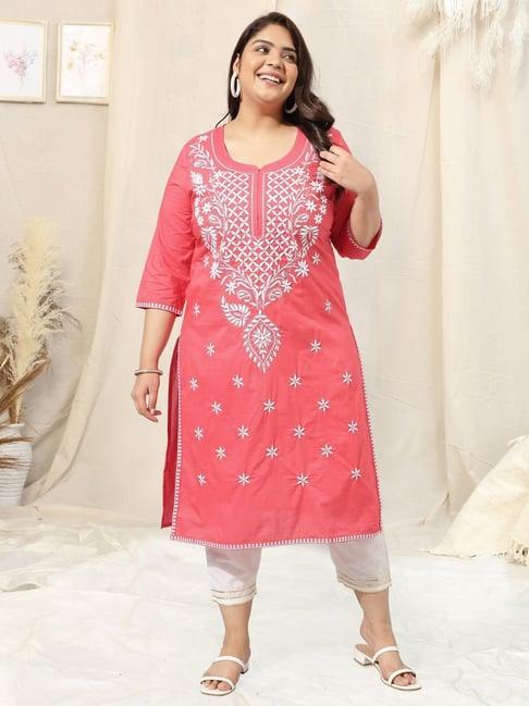mirchi fashion cotton coral & white embroidered kurta pant set