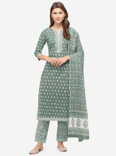 mirchi fashion cotton dusty green printed kurta pant set with dupatta