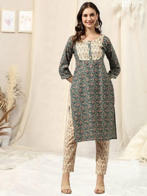 mirchi fashion cotton green & beige floral print kurta pant set