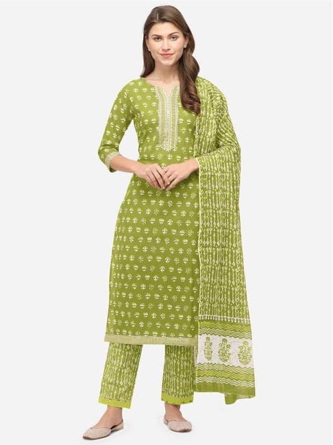 mirchi fashion cotton green printed kurta pant set with dupatta