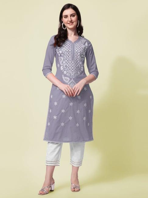 mirchi fashion cotton grey & white embroidered kurta pant set