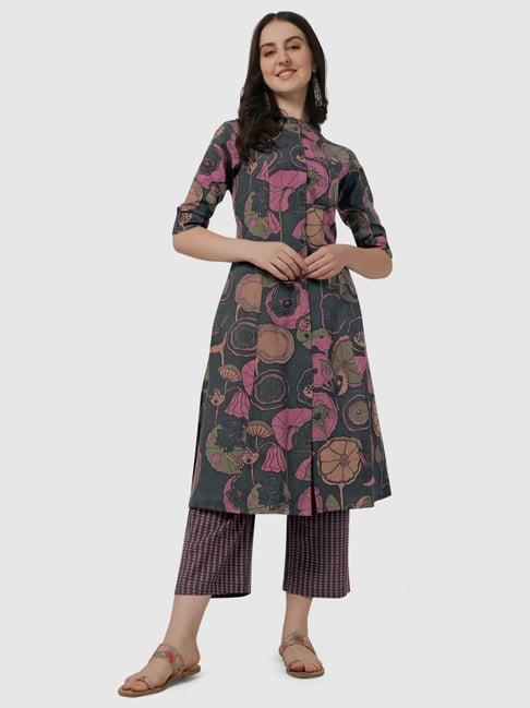 mirchi fashion cotton grey floral print kurta palazzo set