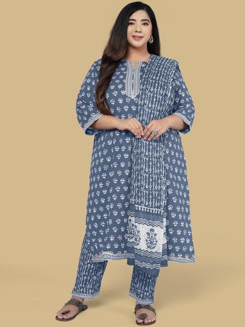 mirchi fashion cotton grey printed kurta pant set with dupatta