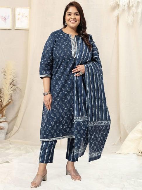 mirchi fashion cotton navy printed kurta pant set with dupatta