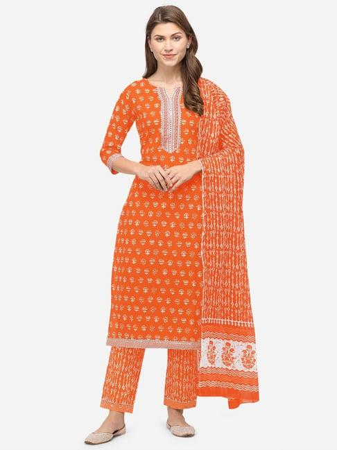 mirchi fashion cotton orange printed kurta pant set with dupatta